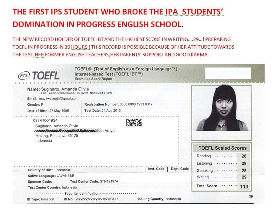 Amanda, our record holder in TOEFL IBT